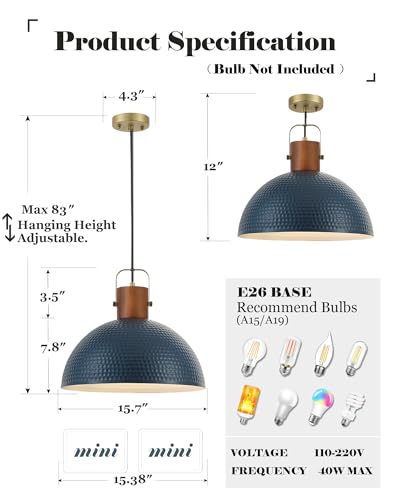16” Large Ash Wood Pendant Light with Hammered Blue Metal & Brushed Brass Handle Large Pendant Light Fixtures Modern Dome Hanging Lamp for Kitchen Island