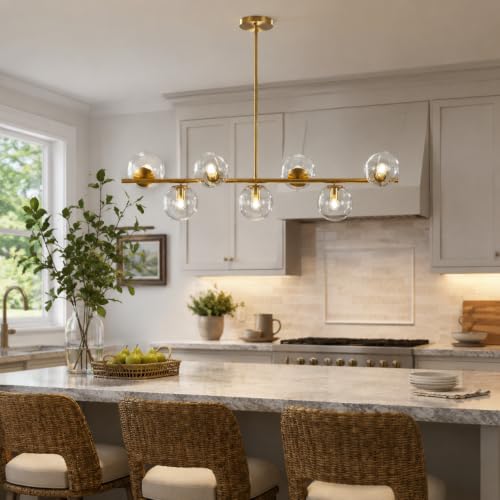 MCM 7 Light Brass Gold Linear Sputnik Chandelier with Clear Glass Shade