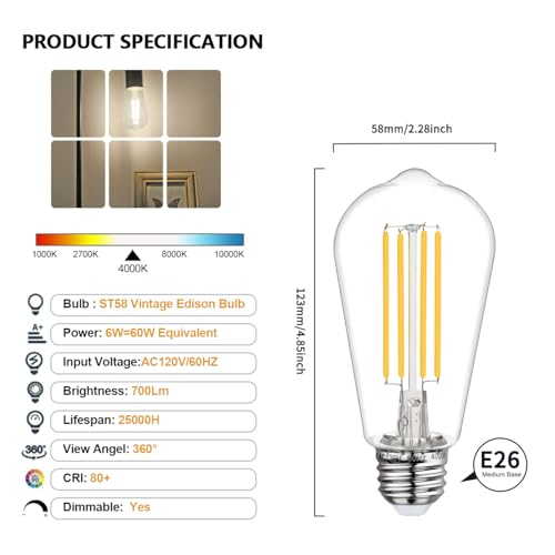 6 Pack Dimmable ST58 Vintage LED Edison Bulbs 6W Equivalent 60W (6 Count)