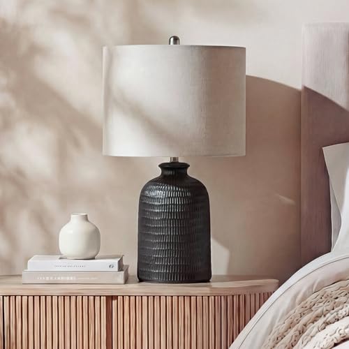 Home 24" Black Textured Ceramic Table Lamp with Tan Linen Shade