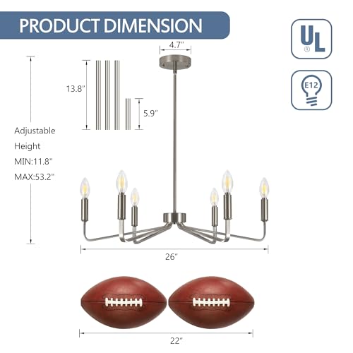 6-Light Brushed Nickel Chandeliers for Dining Room,Farmhouse Light Fixtures for Kitchen,Pendant Lights for Entryway Bedroom Foyer Hall Kitchen Living Room,26in,E12.