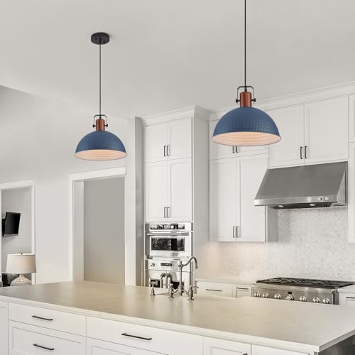 12 Inch Blue Pendant Lights Hammered Matte Pendant Lights for Kitchen Island Industrial Farmhouse Adjustable Height Dome Hanging Light Fixtures for Barn