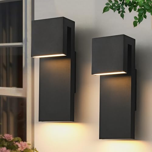 Modern LED Outdoor Wall Light 3000K 18W IP65 Waterproof Integrated LED Outdoor Wall Sconce Anti Rust Black Porch Lights Exterior Lighting Outside Lights Fixture for Garage (2 Count)