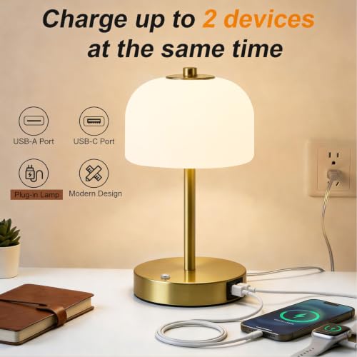 9" Corded Touch Control Gold Table Lamp with USB A+C Charging Ports