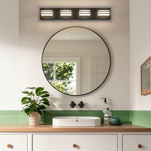 4 Light LED Black Vanity Lights for Bathroom Light Fixtures Adjust 3 Colors Modern Bath Lighing Over Mirror LED Vanity Light 27inch Acrylic Heads (4 Count)
