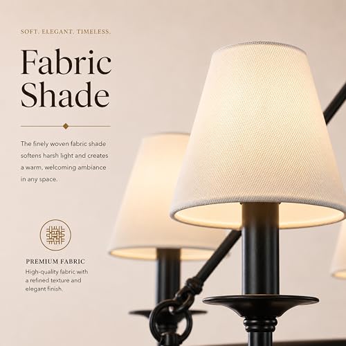 6 Light W34 Inch Matte Black Statement Chandelier with White Pleated Fabric Shades and Alabaster Finials Large Round Designer Lighting for Dining Room Living Room