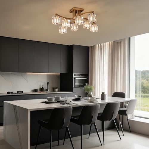 8 Light Modern Sputnik Ceiling Light Fixture Farmhouse Crystal Semi Flush Mount Ceiling Light Gold Chandeliers for Dining Room Living Room Kitchen Island Bedroom Entryway