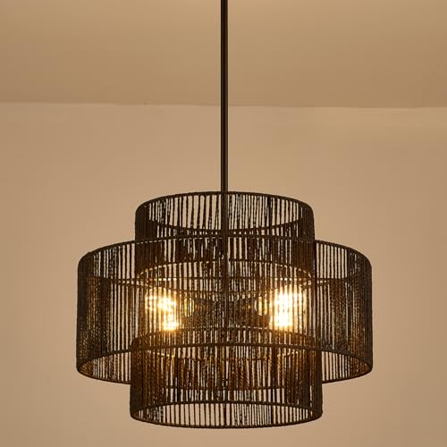 24” Boho Hand Woven Rattan Chandelier 3 Round Adjustable 4