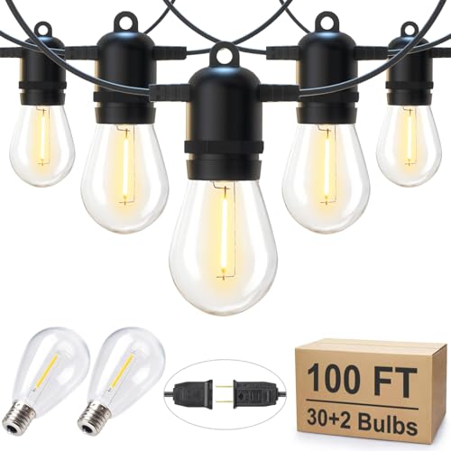 LED Outdoor String Lights for Patio 100FT with 32 Shatterproof S14 Vintage Edison Bulbs (32 Count)