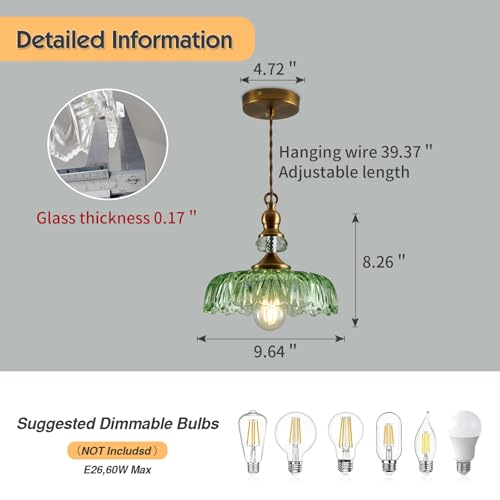 Vintage Glass Pendant Light Fixture Green Adjustable Chandelier Modern Gold Hanging Ceiling Light for Farmhouse Dining Room Living Room Bedroom Entryway Kitchen Island