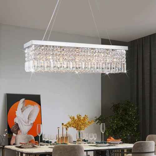 Rectangular Chandeliers for Dining Room, Modern Rain Drop Chandeliers, Hanging Pendant Crystal Chandelier Light for Kitchen Island, Beautiful Ceiling Light Fixture for Cafes Office of CRYSTOP