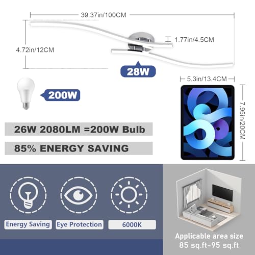 28W Chrome Linear Ceiling Light Modern LED Ceiling Light Fixture 6000K Aluminum 39.37Inch Long Ceiling Lamp for Hallway