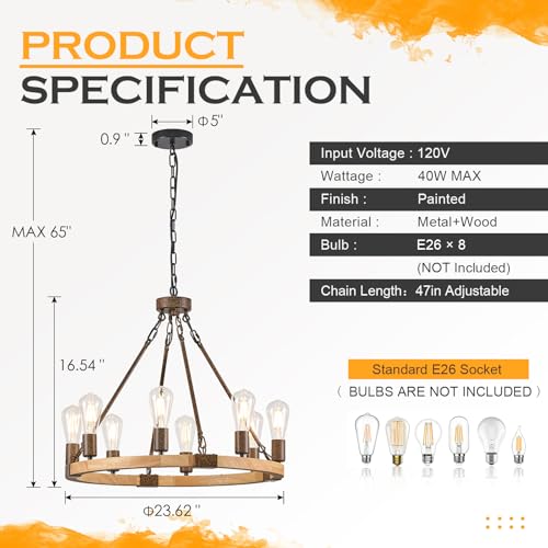 Farmhouse Wagon Wheel Chandelier 23.6" Wooden Rustic Light Fixtures 8