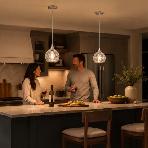 Brushed Nickel Pendant Lights 2 Pack with Hammered Glass for Kitchen Island (2 Count)