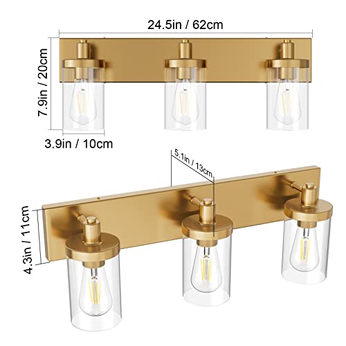 Gold Vanity Light 3 Lights Bathroom Vanity Lighting Fixtures Over Mirror Bathroom Wall Light with Clear Glass Shade