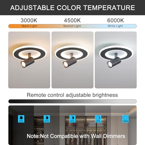 Modern LED Ceiling Lights with 1 Spotlight 9.8Inch Black Ceiling Light with Remote Control Dimmable 3000k