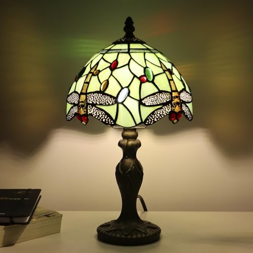 Tiffany Table Lamp Dragonfly Style Grass Green Stained Glass Accent Lamp Bronze Resin Base 8X8X14 Inch