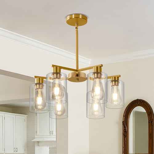 6-Light Modern Gold Chandelier Farmhouse Dining Room Light Fixture with Clear Glass Shade Hanging Ceiling Pendant Lighting for Kitchen Island Living Room Hallway
