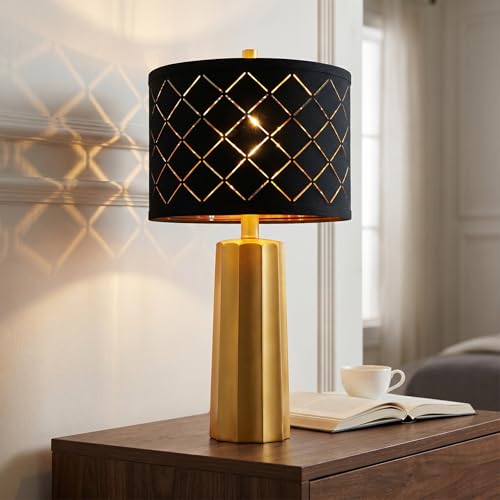 24" Modern Table Lamp for Living Room Bedroom Black Grid Shade