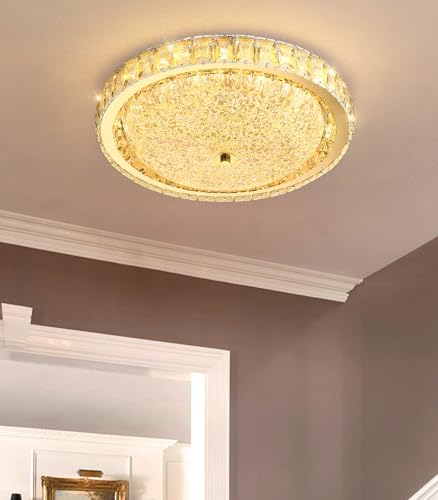 15.7" Modern Crystal Chandelier Dimmable LED Flush Mount Ceiling Light with Remote Control for Living Room Dining Room Bedroom Hallway Foyer Gold