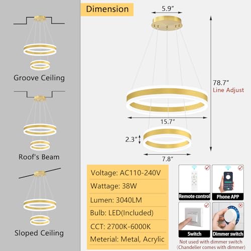D7.8''+15.7'' Modern Ring Chandelier for Dining Room LED Dimmable Pendant Lighting for Living Room Foyer Bedroom Entryway 3000K
