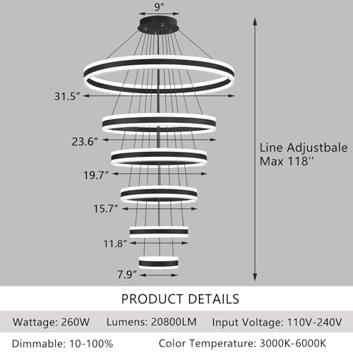 6 Rings Modern LED Chandeliers Large High Ceiling Chandelier for Foyer Black Dimmable Long Handing Lighting Fixture for Living Room Entryway Villa Staircase 3000K