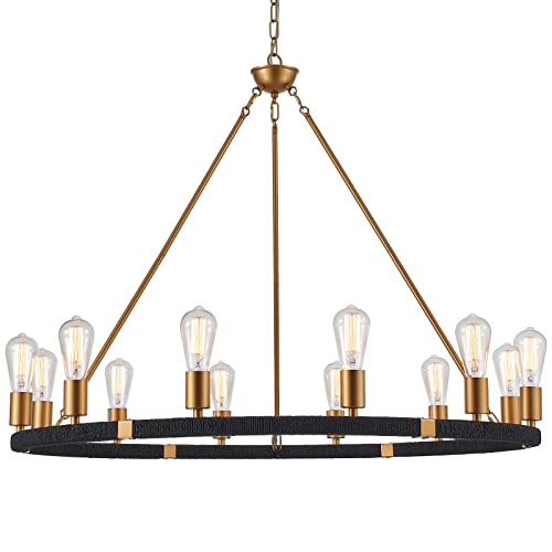 12 Lights Wagon Wheel Chandelier Bohemia Black Hand Woven Rattan Chandelier Farmhouse Large Brass Pendant Light for High Ceilings Living Room Dining Room