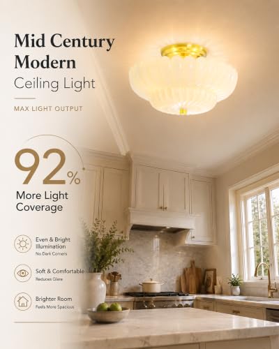 Semi Flush Mount Ceiling Light Fixture 11.8" Vinatge Gold Ceiling Lights Mid Century Modern Milk White Glass Close to Ceiling Lighting Fixtures for Bedroom Hallway Foyer Bathroom Kitchen