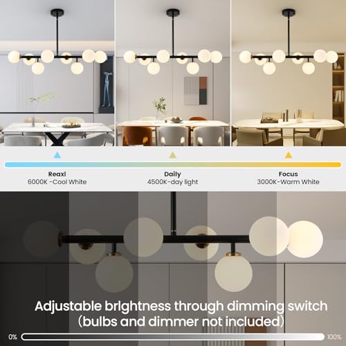 Sputnik Black and Gold Chandelier Pendant Linear Light Modern Mid Century Light Fixture White Globe Shade for Dining Living Room Kitchen Island 8