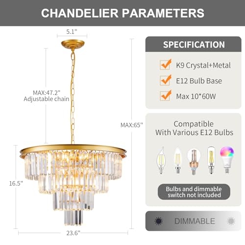 10 Light Modern Gold Crystal Chandelier for Dining Room 24'' Dining Room Light Fixture Contemporary Pendant Round 4