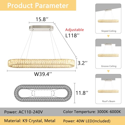 Oval Crystal Chandelier Modern Dimmable LED Chandeliers for Dining Room Rectangular Light Fixture with Remote for Living Room Kitchen Light Silver