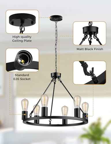L LOHAS LED Black Farmhouse Chandeliers for Dining Room, 6-Light Wagon Wheel Chandelier Over Table, Height Adjustable, 19" Dining Room Light Fixtures, Modern Chandelier for Kitchen Island Living Room