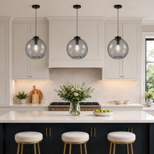 11.8" Black Grey Globe Seeded Glass Kitchen Island Pendant Light