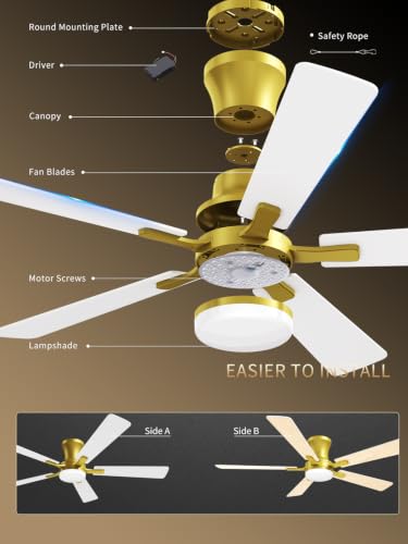 52 Inch White Gold Low Profile Ceiling Fan with Light and Remote (Gold White / 52 Inch)