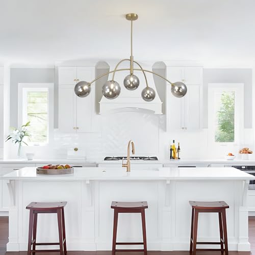 Modern Gold Chandelier 5 Light Smoke Gray Semi Flush Mount Chandelier Vintage Industrial Ceiling Light Dining Room Chandelier for Kitchen Bedroom Hallway