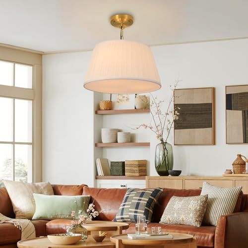 15”Dia White Pleated Fabric Drum Shade Ceiling Light Fixture