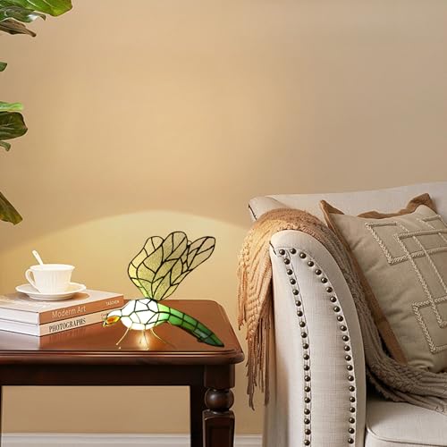 Tiffany Table Lamp Green Dragonfly Stained Glass Bedside Nightstand Night Light