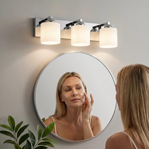 3 Light Chromed Bathroom Vanity Light with White Glass Shades