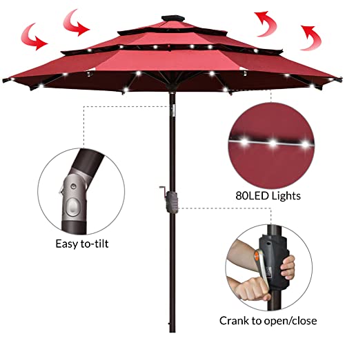 USA 10-Year-Non-Fading 9ft 3-Tier Market Patio Umbrella, Commercial Table Umbrella with 80 Solar LED Lights, Crank Open, Windproof & UPF 50+ UV Protection for Garden, Deck, Pool, Backyard, Burgundy