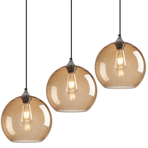 Light Brown Glass Pendant Lights Kitchen Island Globe Pendant Light Fixtures Modern Pendant Lighting for Bedroom Living Dining Room Light Fixture (3 Count)