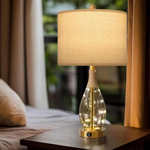 23" Table Lamps for Living Room Set of 2 Bedside Lamps for Night Stands Bedroom Lamps Farmhouse Rattan Boho Lamp Glass Nightlight End Table Lamp with USB C+A (2 Count)