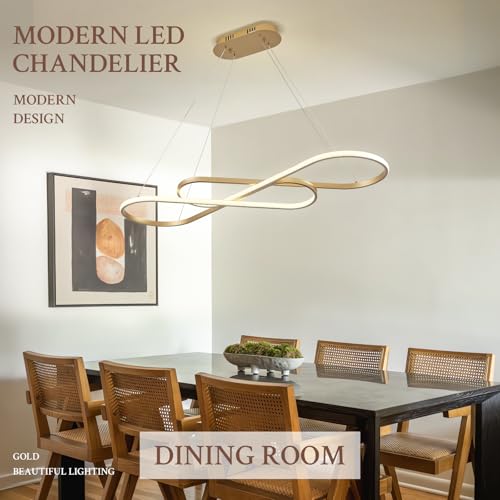 Modern LED Chandelier Gold Dimmable LED Pendant Light for Dining Room Light Fixture Over Table Modern Kitchen Island Lighting High Ceiling with Remote for Living Room