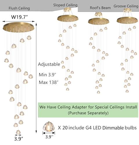 LED Glam Chandelier 138 inches Long Light Luxury Crystal Ceiling Chandeliers Remote Dimmable High Ceiling Pendants Lighting Fixtures Gold 20 Lights
