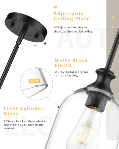 2 Pack Modern Black Pendant Lights Kitchen Island Cylinder Glass (2 Count)
