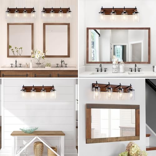 4 Light Farmhouse Bathroom Light Fixtures Vintage Bathroom Vanity Lights Over Mirror Black and Wood Painted Metal Vanity Light for Bathroom with Glass Shades E26 Socket