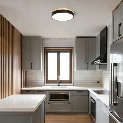 Dimmable LED Wood Black Round Flush Mount Ceiling Light 11.81 Inch