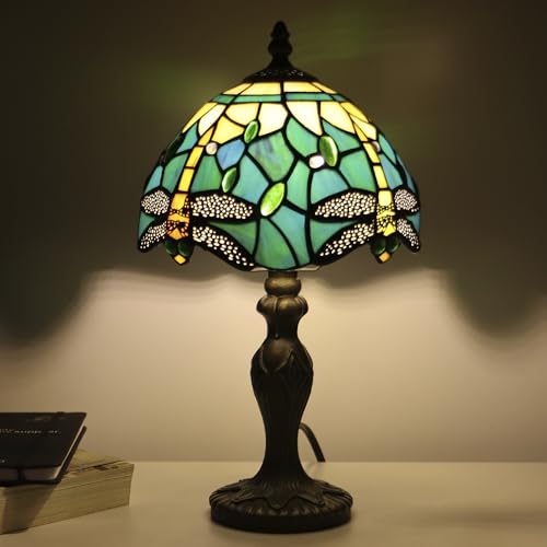 Tiffany Table Lamp Dragonfly Style Blue Yellow Stained Glass Accent Lamp Bronze Resin Base 8X8X14 Inch