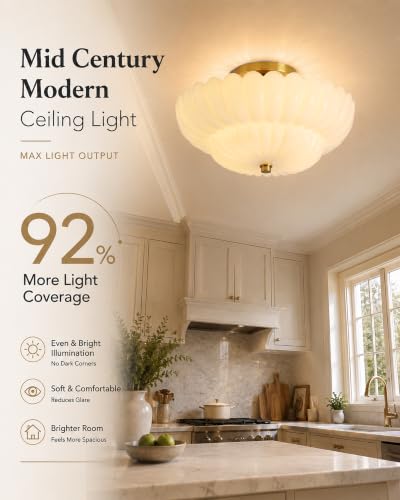 Semi Flush Mount Ceiling Light Fixture 14" Vinatge Gold Ceiling Lights Mid Century Modern Milk White Glass Close to Ceiling Lighting Fixtures for Bedroom Hallway Kitchen Laundry Room Bathroom