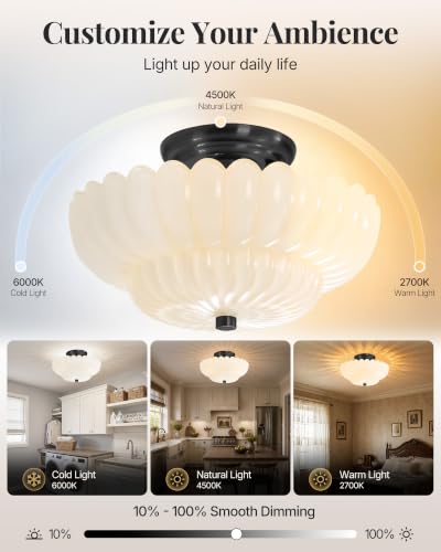 Semi Flush Mount Ceiling Light Fixture 11.8" Vinatge Black Ceiling Lights Mid Century Modern Milk White Glass Close to Ceiling Lighting Fixtures for Bedroom Hallway Foyer Bathroom Kitchen