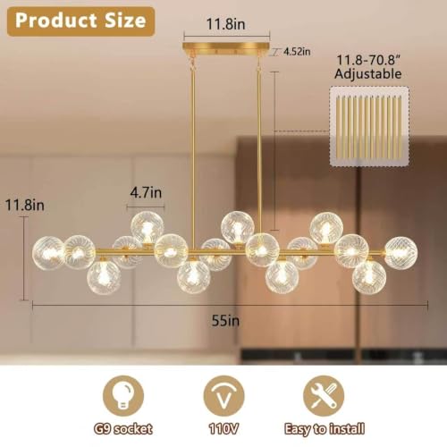55" Linear Chandelier Swirled Glass Gold Sputnik Chandelier